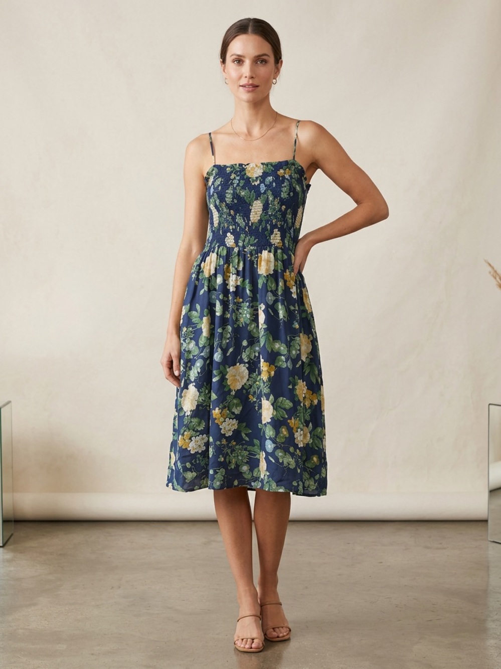 Old Navy Navy Floral Smocked Midi Dress
